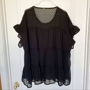 Black Sheer Polka Dot 3-Tier Ruffle Blouse